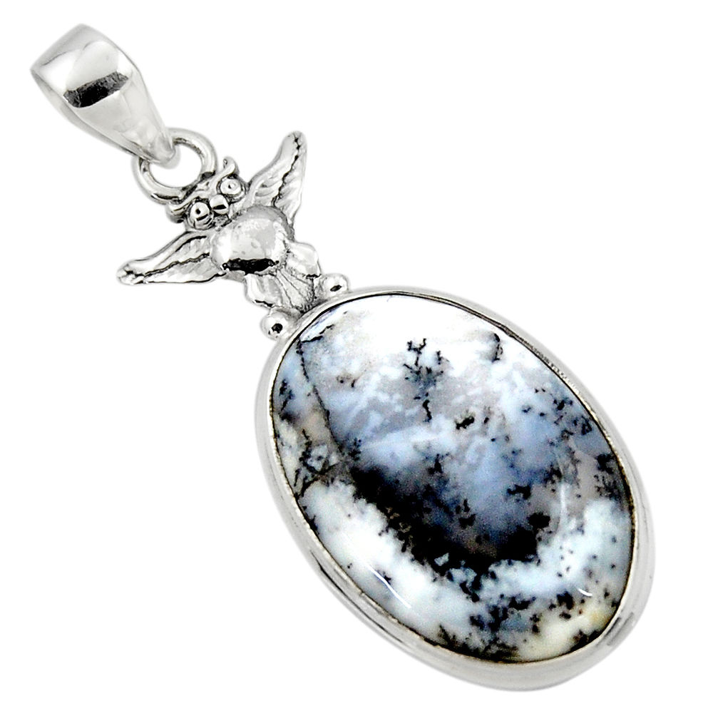 17.57cts natural white dendrite opal (merlinite) 925 silver owl pendant r50542