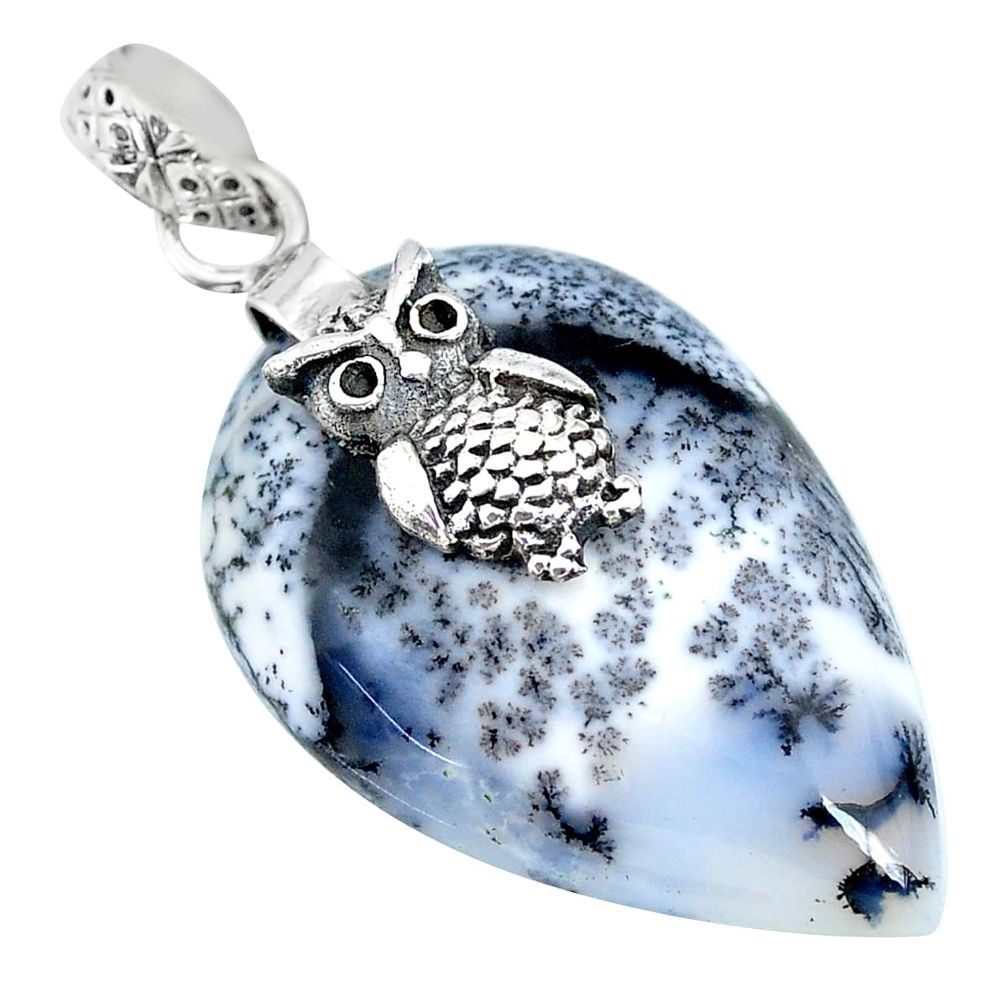 25.82cts natural white dendrite opal (merlinite) 925 silver owl pendant r90959