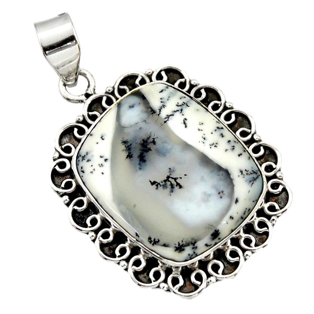 20.40cts natural white dendrite opal (merlinite) 925 silver pendant r32192