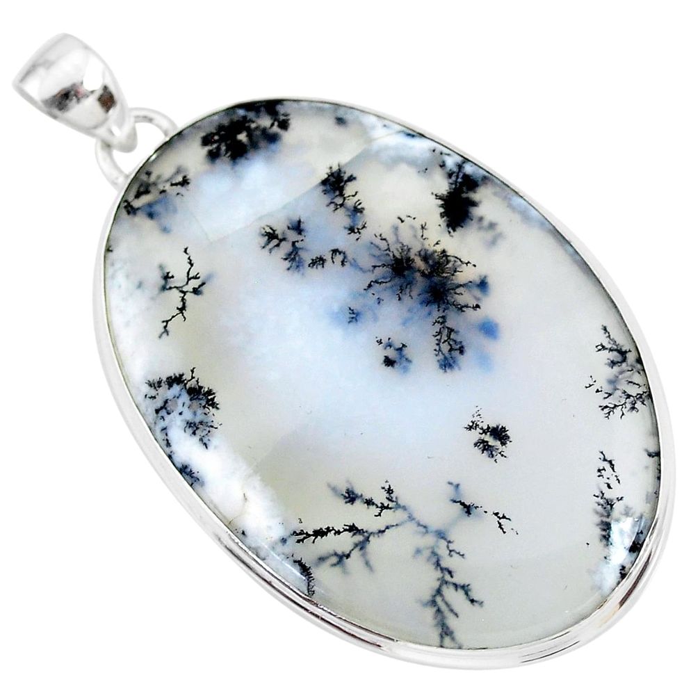 34.48cts natural white dendrite opal (merlinite) 925 silver pendant r86561