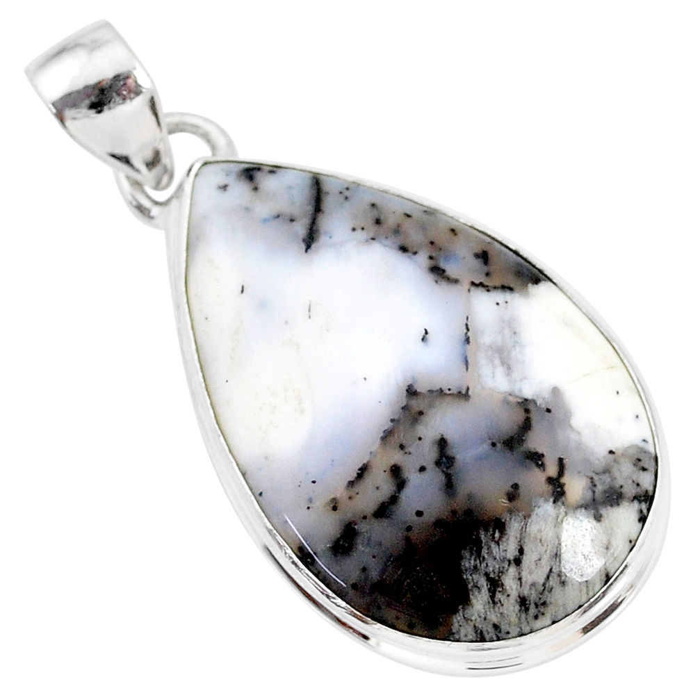 15.08cts natural white dendrite opal (merlinite) 925 silver pendant r86586