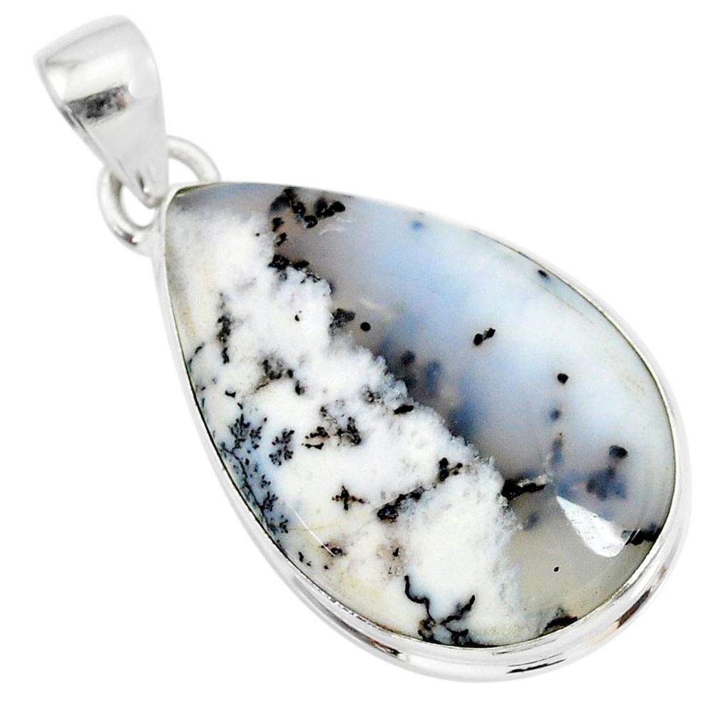 16.73cts natural white dendrite opal (merlinite) 925 silver pendant r86592