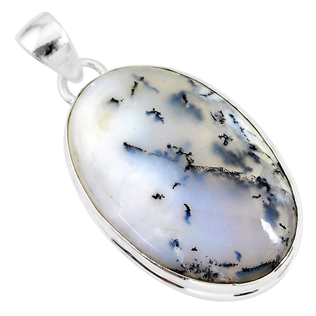 18.68cts natural white dendrite opal (merlinite) 925 silver pendant r86593