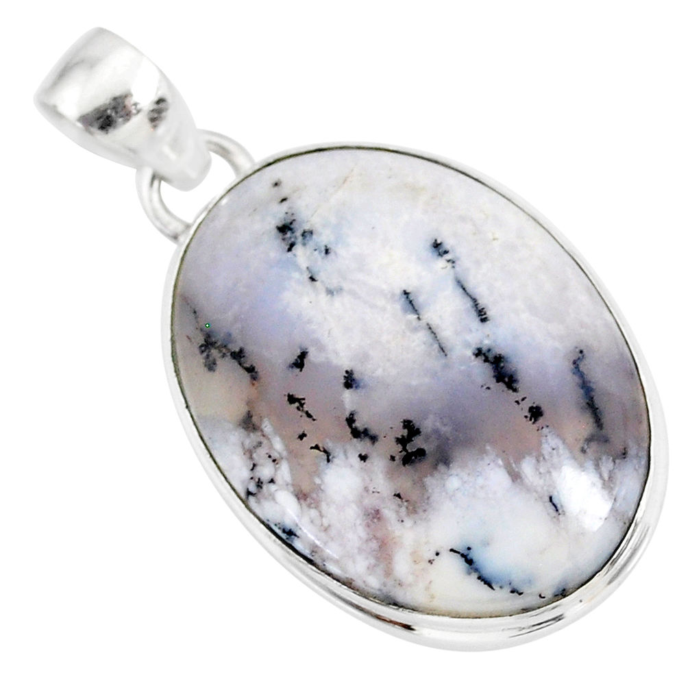 16.73cts natural white dendrite opal (merlinite) 925 silver pendant r86595