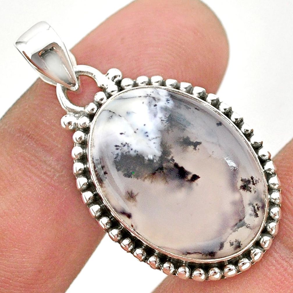 15.02cts natural white dendrite opal (merlinite) 925 silver pendant t38728