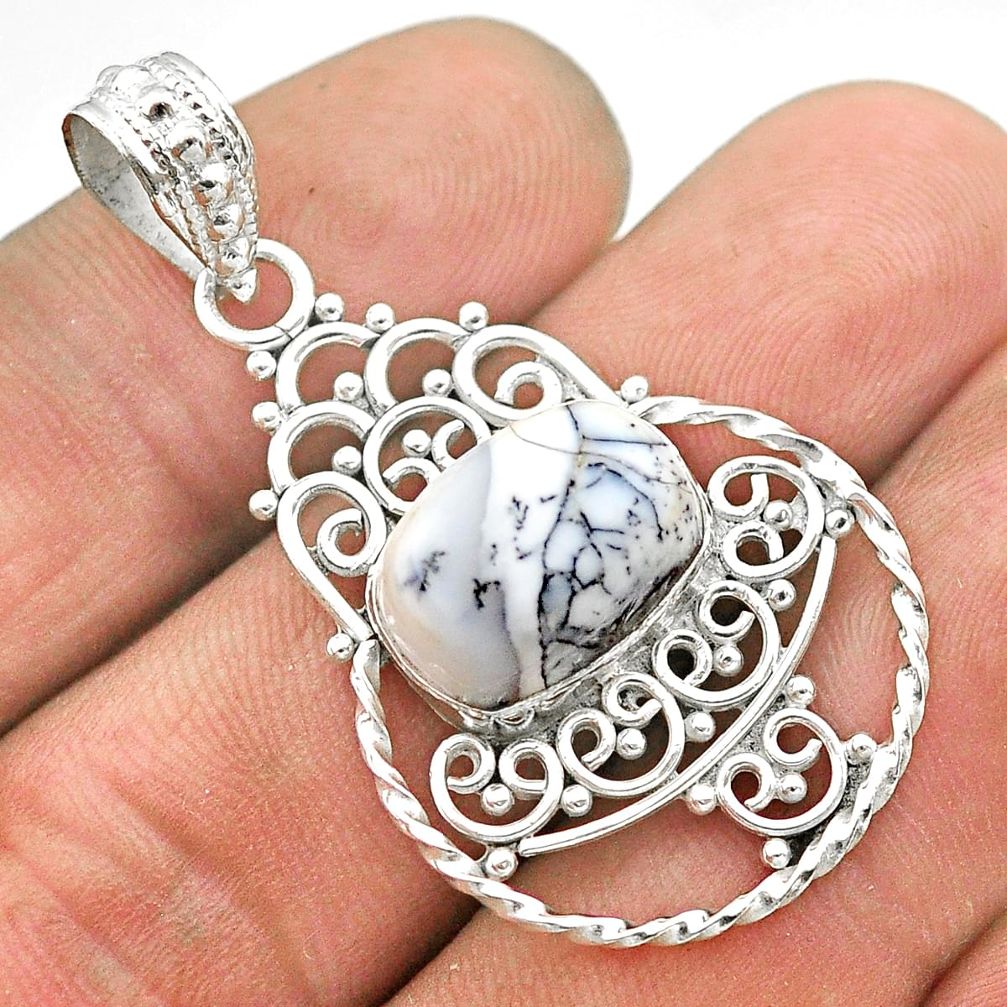 5.31cts natural white dendrite opal (merlinite) 925 silver pendant t68413