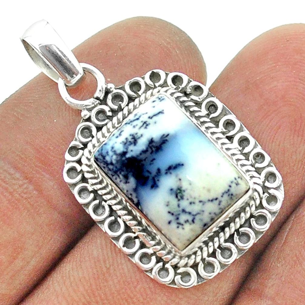 6.84cts natural white dendrite opal (merlinite) octagan silver pendant t56009