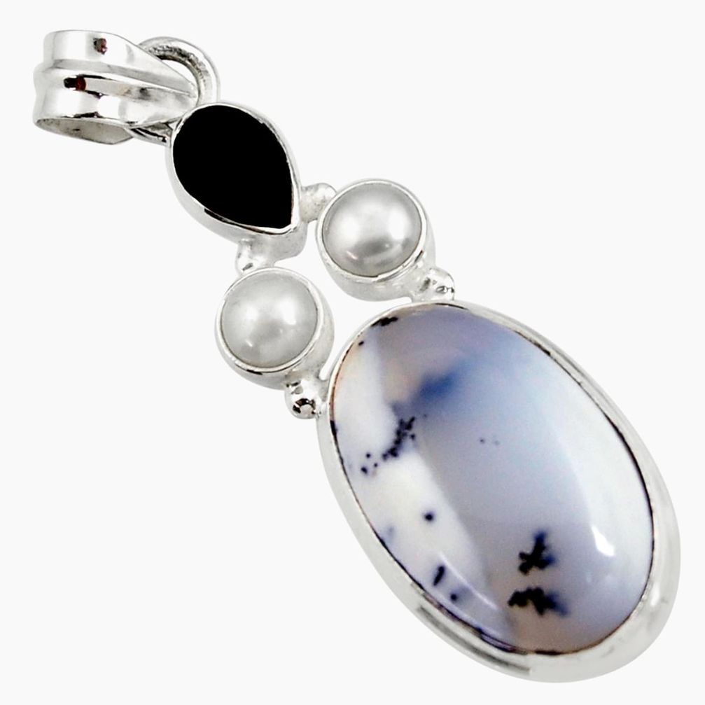  white dendrite opal (merlinite) onyx 925 silver pendant d44152