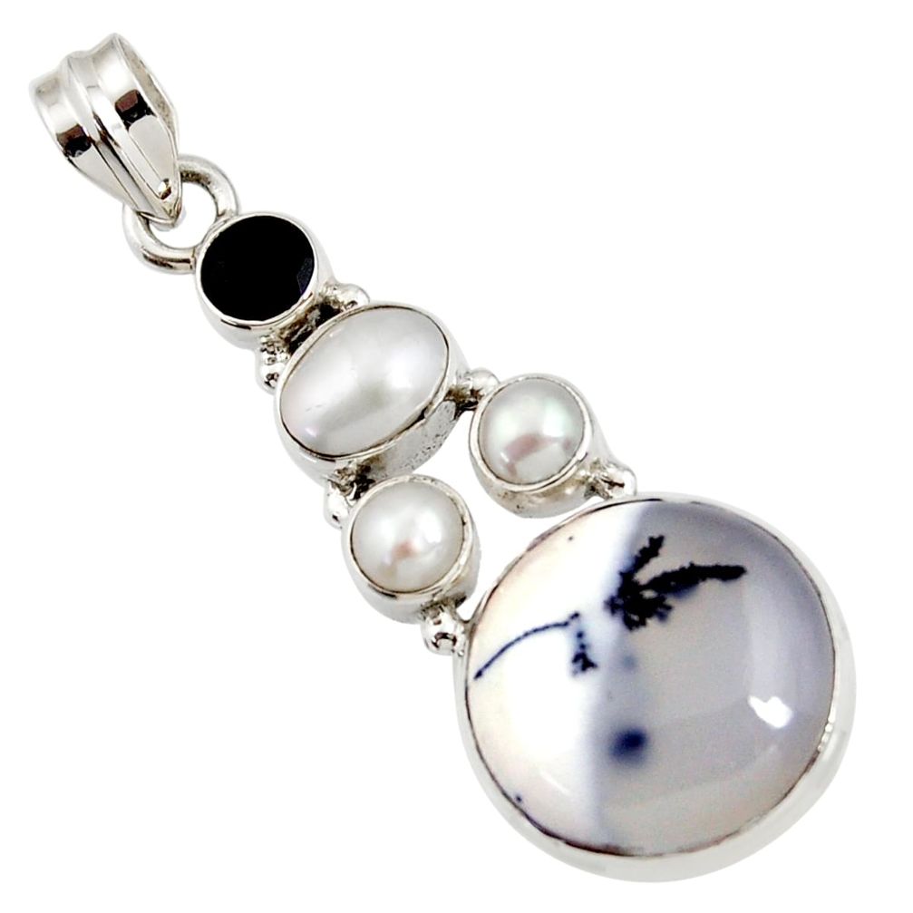  white dendrite opal (merlinite) onyx 925 silver pendant d44156