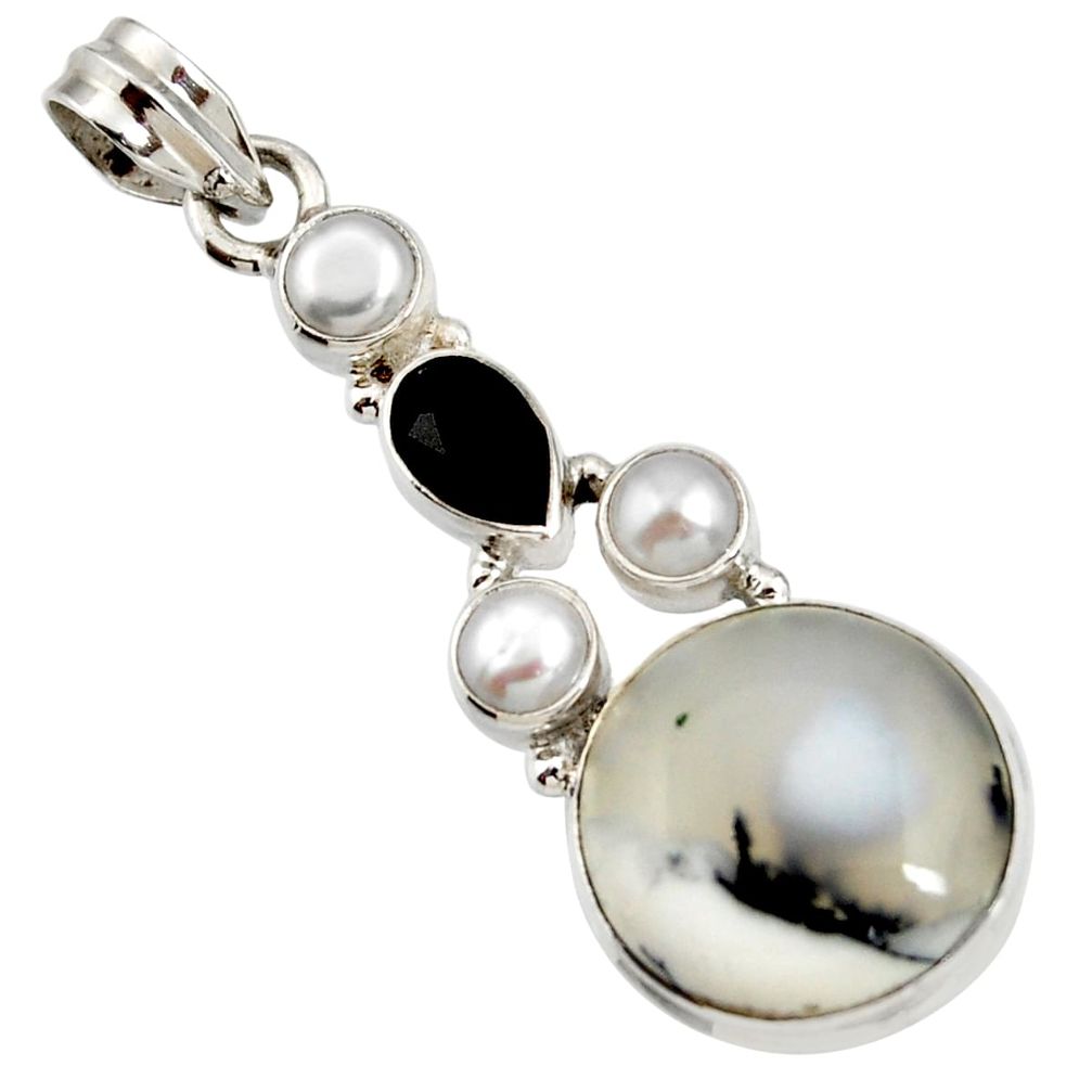  white dendrite opal (merlinite) onyx 925 silver pendant d44159