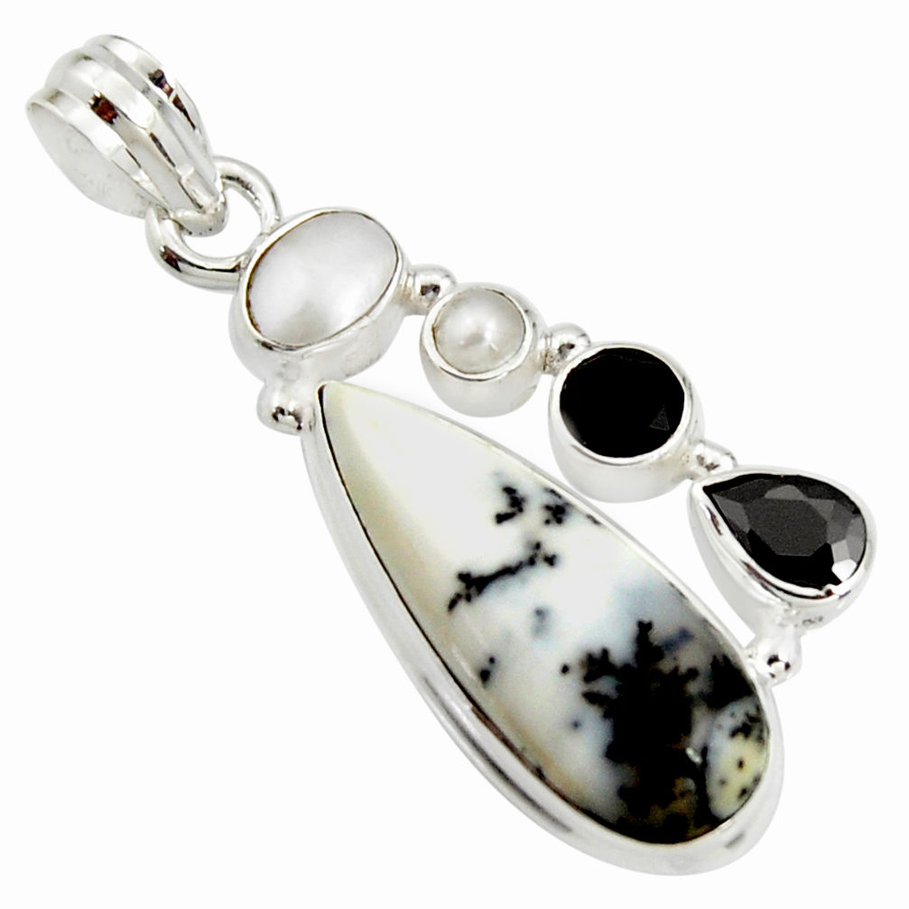 13.63cts natural white dendrite opal (merlinite) onyx 925 silver pendant r25072
