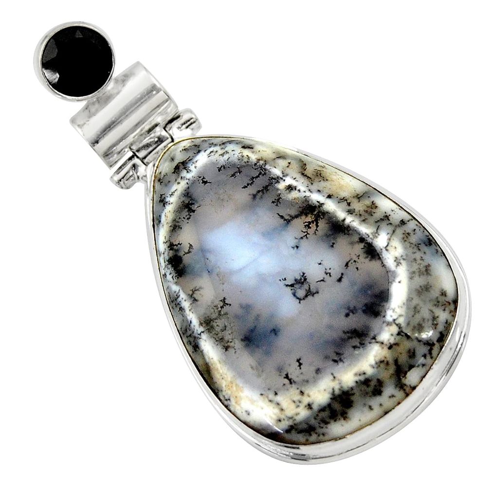 27.55cts natural white dendrite opal (merlinite) onyx 925 silver pendant r30523