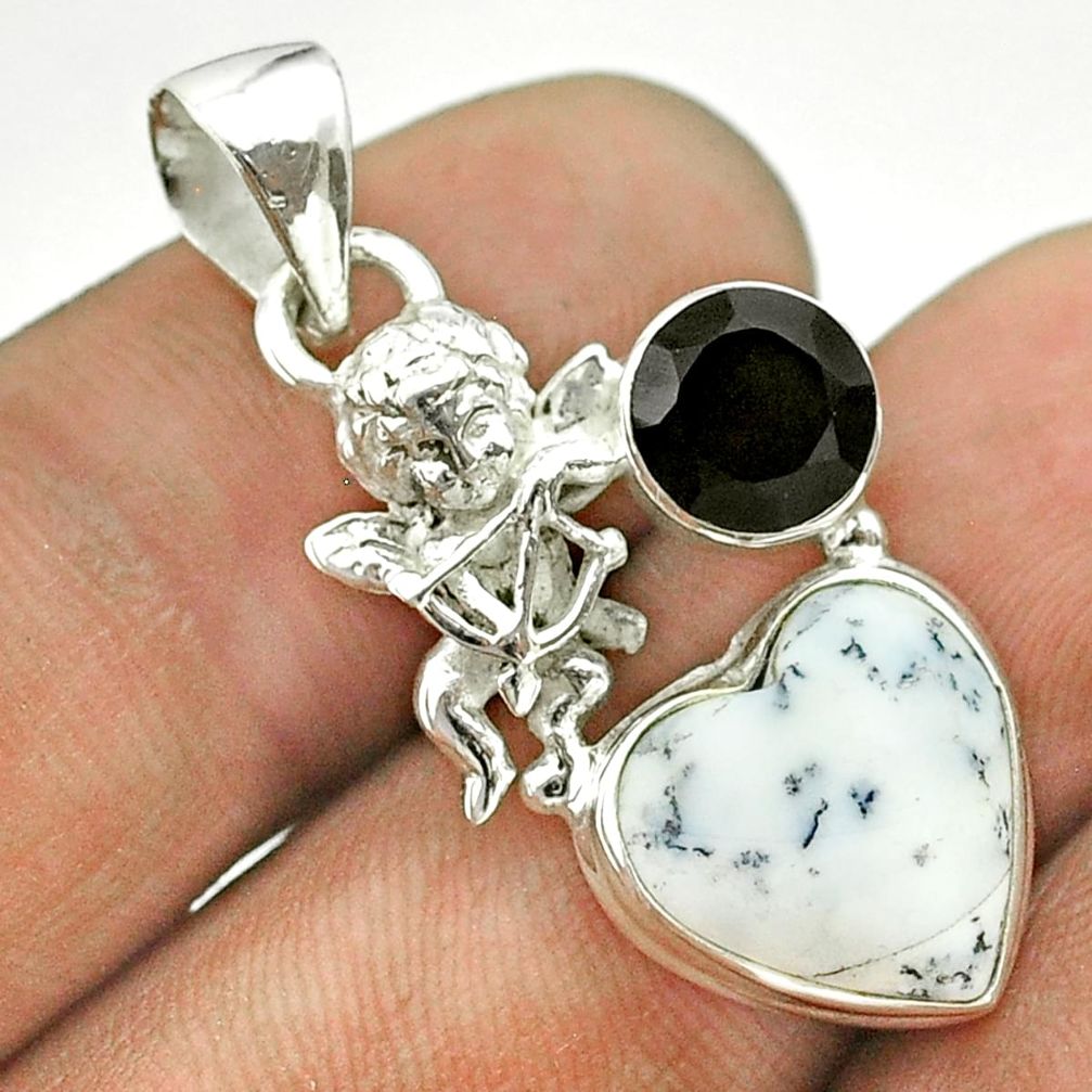 7.33cts natural white dendrite opal (merlinite) onyx silver angel pendant t55345