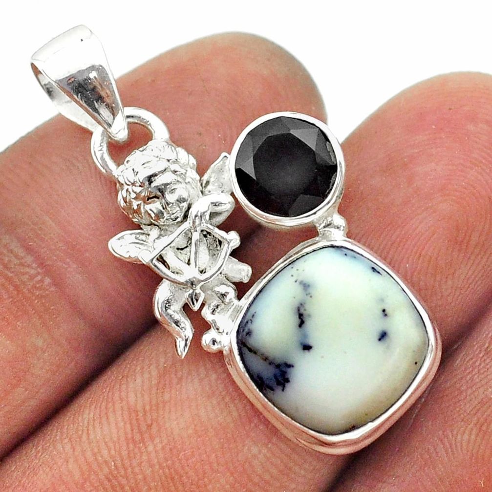 8.03cts natural white dendrite opal (merlinite) onyx silver angel pendant t55368
