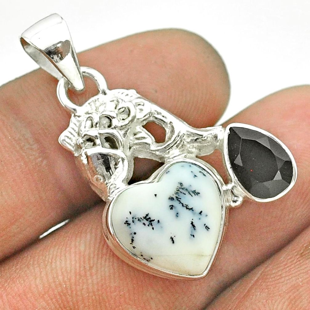 8.42cts natural white dendrite opal (merlinite) onyx silver fish pendant t55350