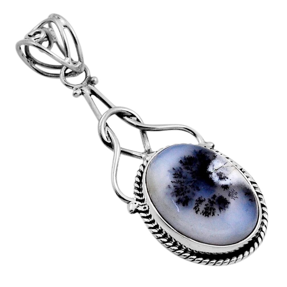 12.06cts natural white dendrite opal (merlinite) oval 925 silver pendant n25208