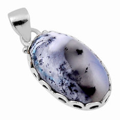 13.97cts natural white dendrite opal (merlinite) oval 925 silver pendant n29585