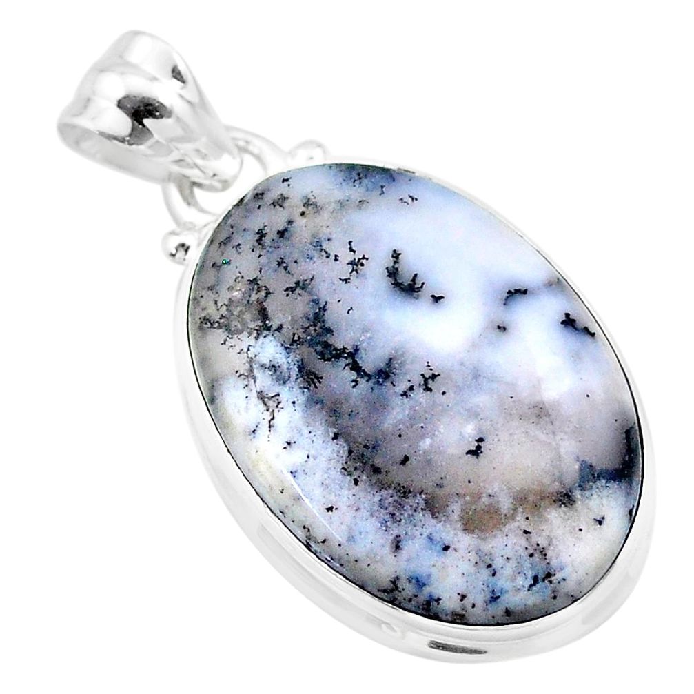 15.08cts natural white dendrite opal (merlinite) oval 925 silver pendant t26523