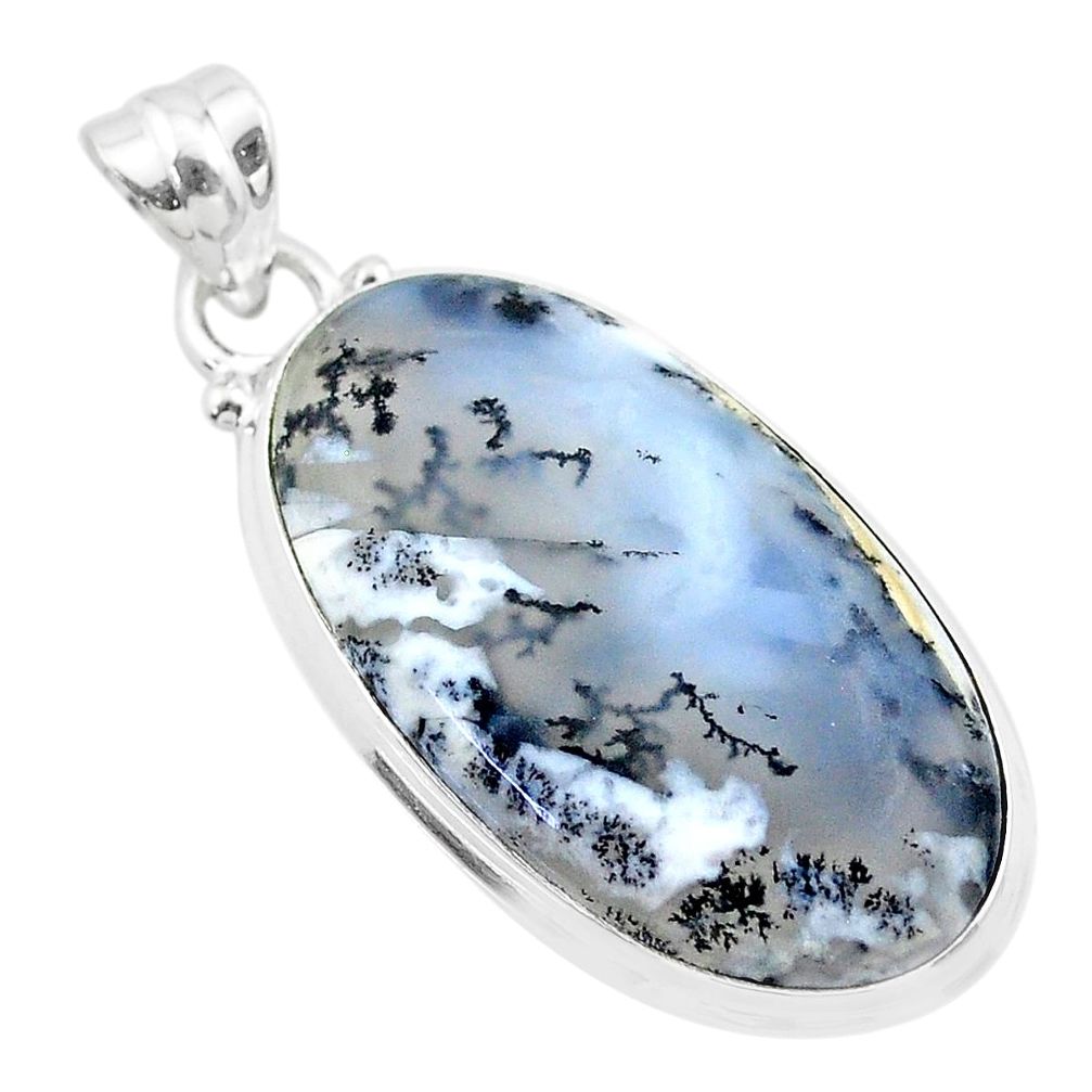 18.15cts natural white dendrite opal (merlinite) oval 925 silver pendant t26528