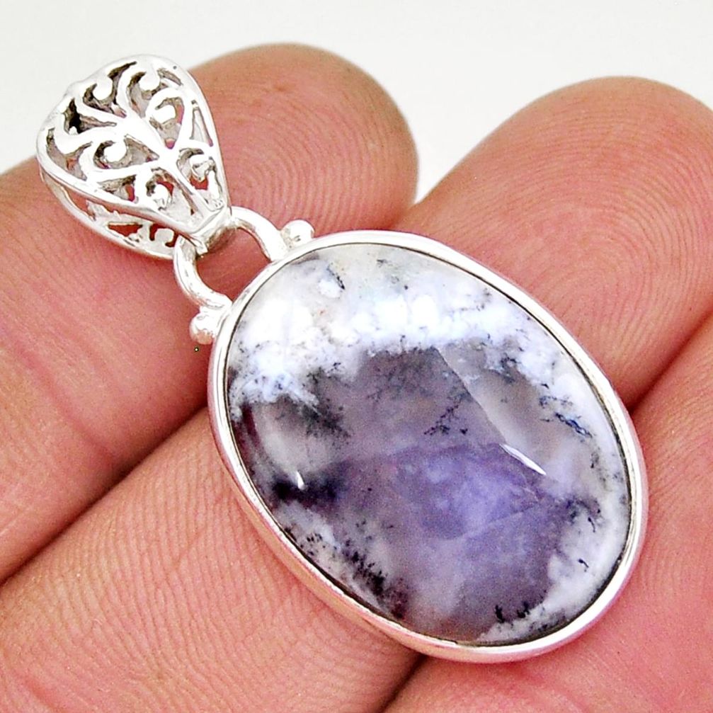 13.61cts natural white dendrite opal (merlinite) oval 925 silver pendant y5789