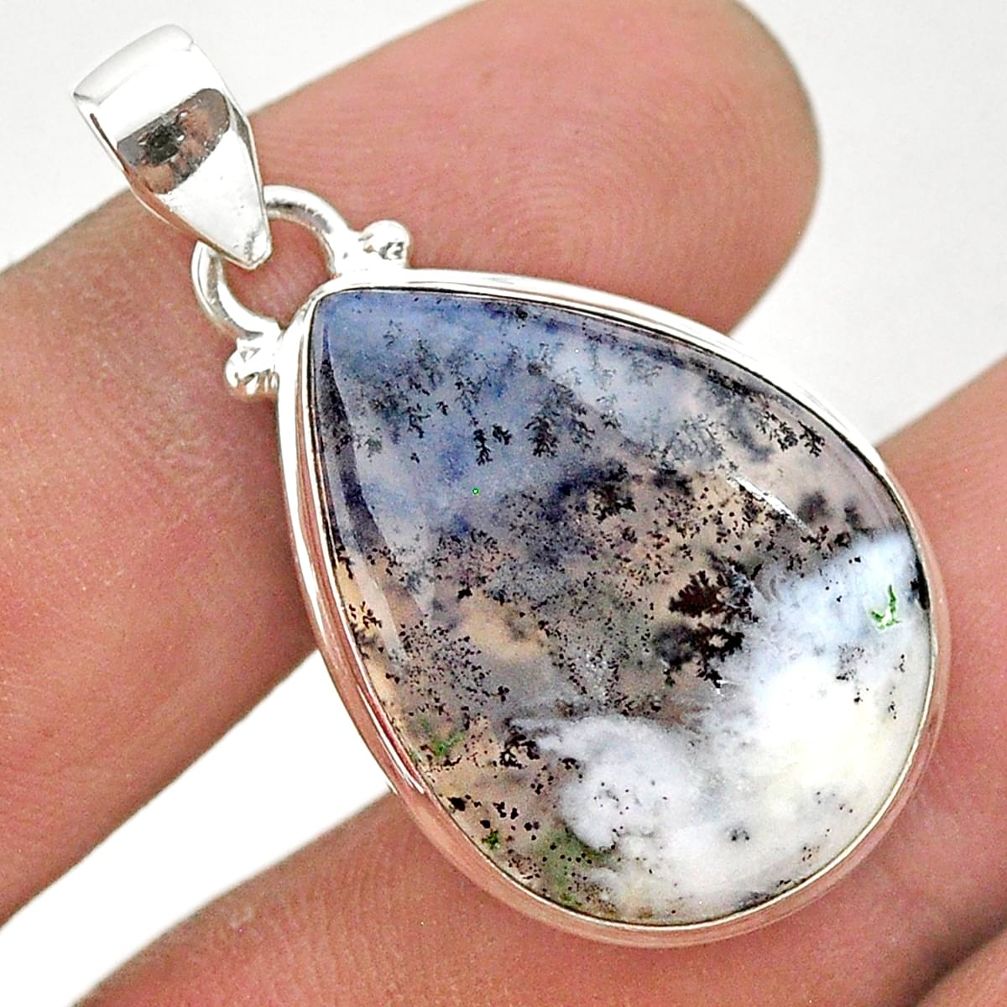 16.18cts natural white dendrite opal (merlinite) pear 925 silver pendant t38550