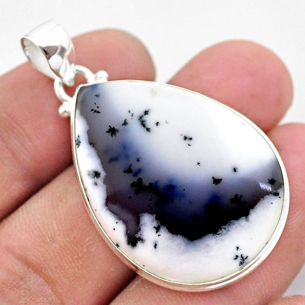 20.88cts natural white dendrite opal (merlinite) pear 925 silver pendant t38687