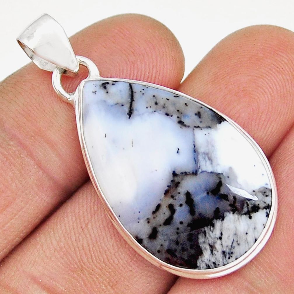 14.54cts natural white dendrite opal (merlinite) pear 925 silver pendant y5036