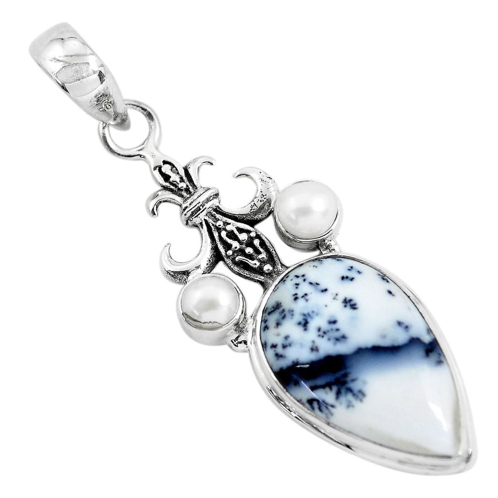  white dendrite opal (merlinite) pearl 925 silver pendant p55273