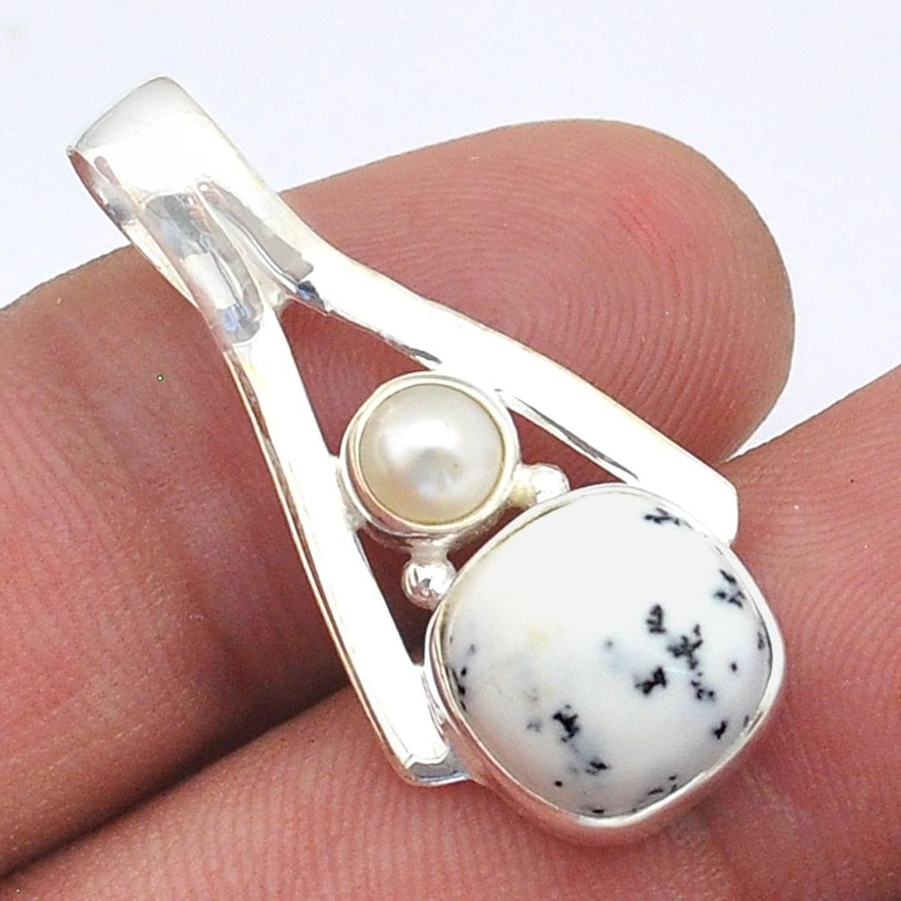 4.54cts natural white dendrite opal (merlinite) pearl 925 silver pendant u61670