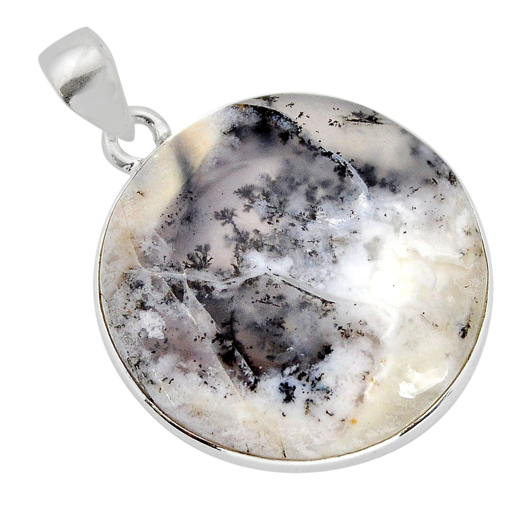 22.00cts natural white dendrite opal (merlinite) round 925 silver pendant y77464
