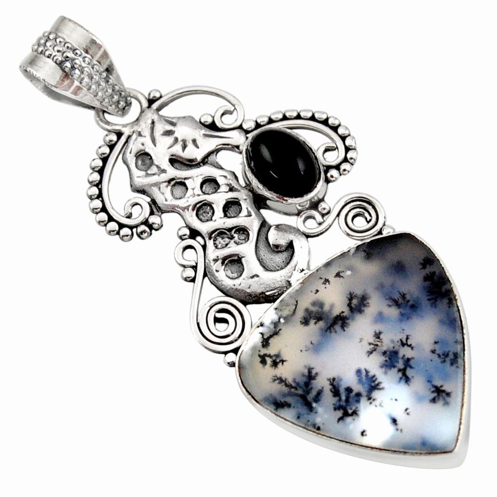 13.15cts natural white dendrite opal (merlinite) silver seahorse pendant d42353