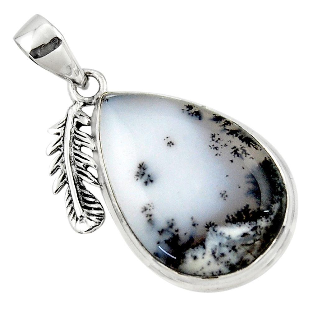 18.68cts natural white dendrite opal 925 silver deltoid leaf pendant r50548