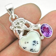 7.89cts natural white dendrite opal amethyst 925 silver fish pendant t55347