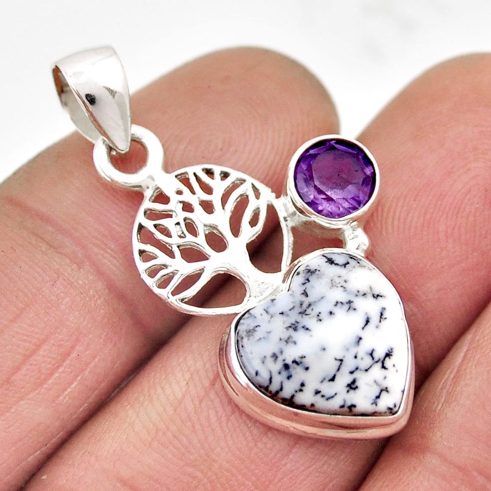 6.82cts natural white dendrite opal amethyst silver tree of life pendant y59239