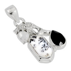 6.53cts natural white dendrite opal black onyx 925 silver fish pendant y55667