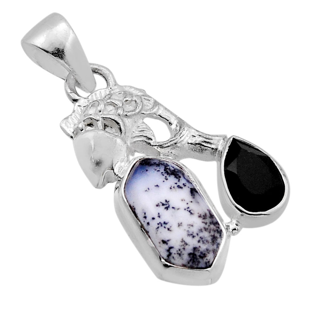 6.60cts natural white dendrite opal hexagon onyx 925 silver fish pendant n51387