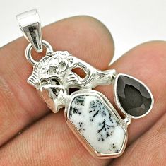7.88cts natural white dendrite opal hexagon onyx 925 silver fish pendant t55346