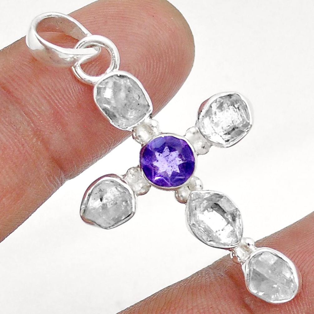 12.10cts natural white herkimer diamond amethyst 925 silver cross pendant u76868