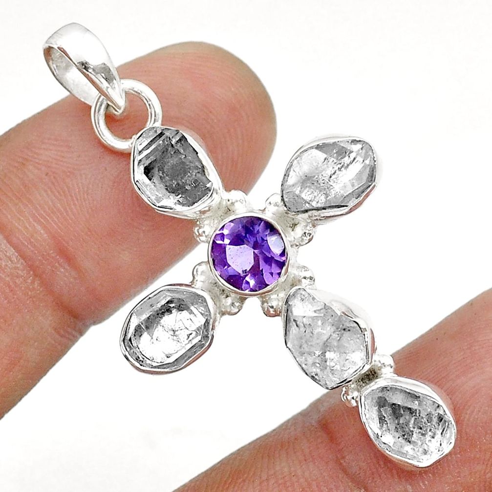 14.40cts natural white herkimer diamond amethyst 925 silver cross pendant u76875