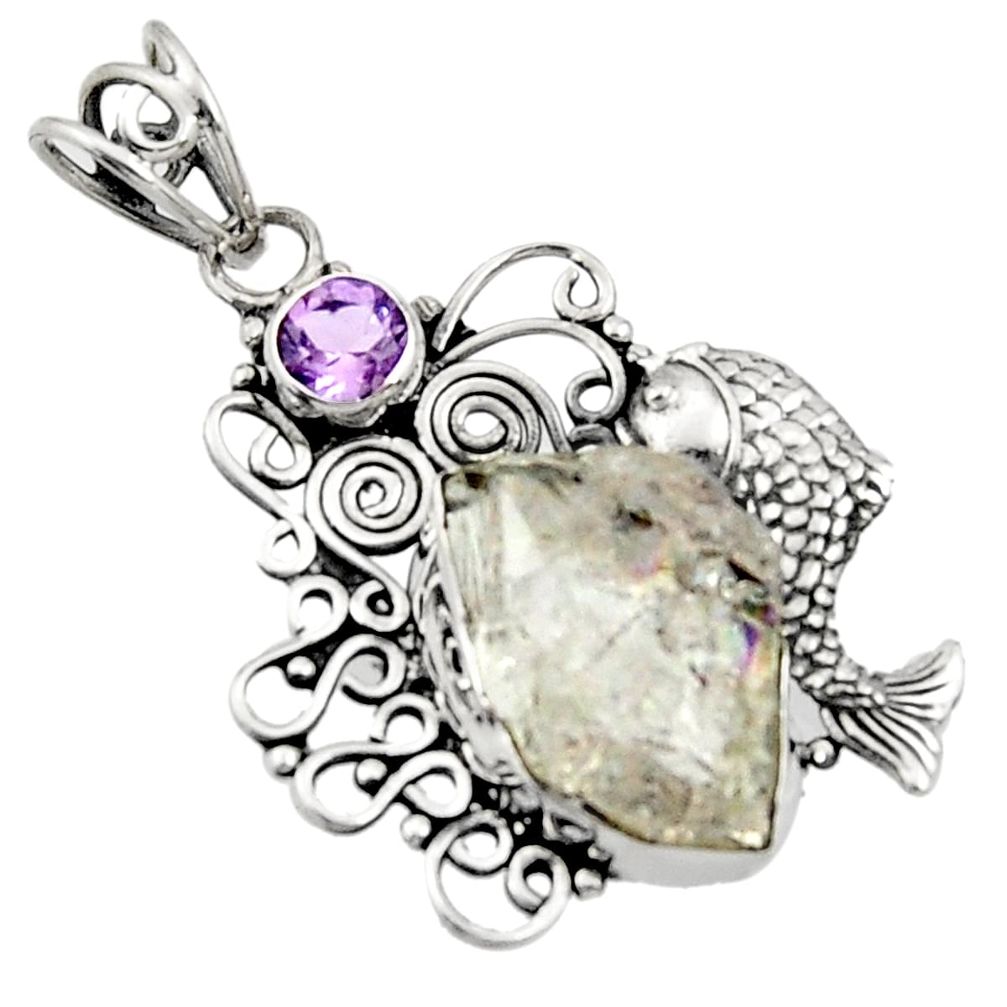  white herkimer diamond amethyst 925 silver fish pendant d44979