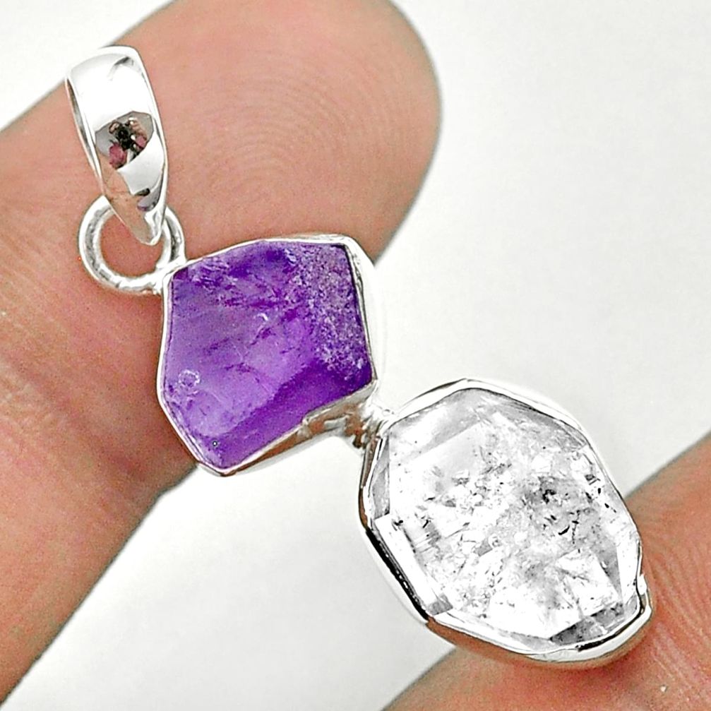 9.37cts natural white herkimer diamond amethyst raw 925 silver pendant t49174