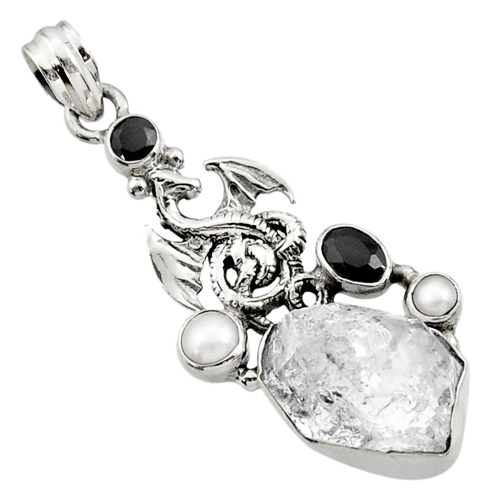 15.64cts natural white herkimer diamond onyx 925 silver dragon pendant d44972