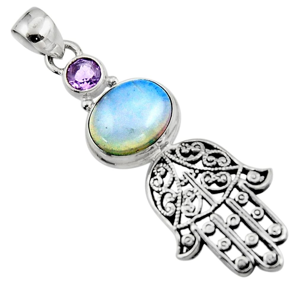 6.24cts natural white opalite 925 silver hand of god hamsa pendant r52830