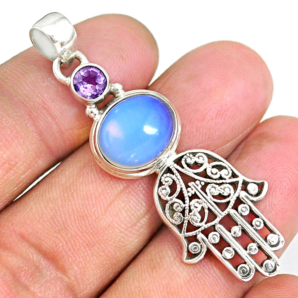 6.23cts natural white opalite 925 silver hand of god hamsa pendant r90391