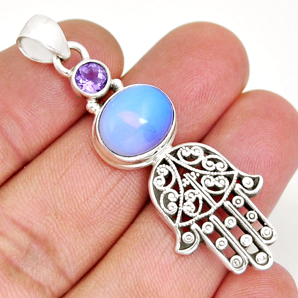 6.32cts natural white opalite amethyst silver hand of god hamsa pendant y7037