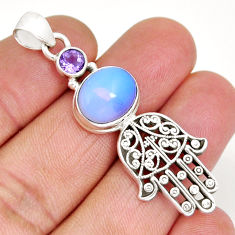 6.32cts natural white opalite amethyst silver hand of god hamsa pendant y7037