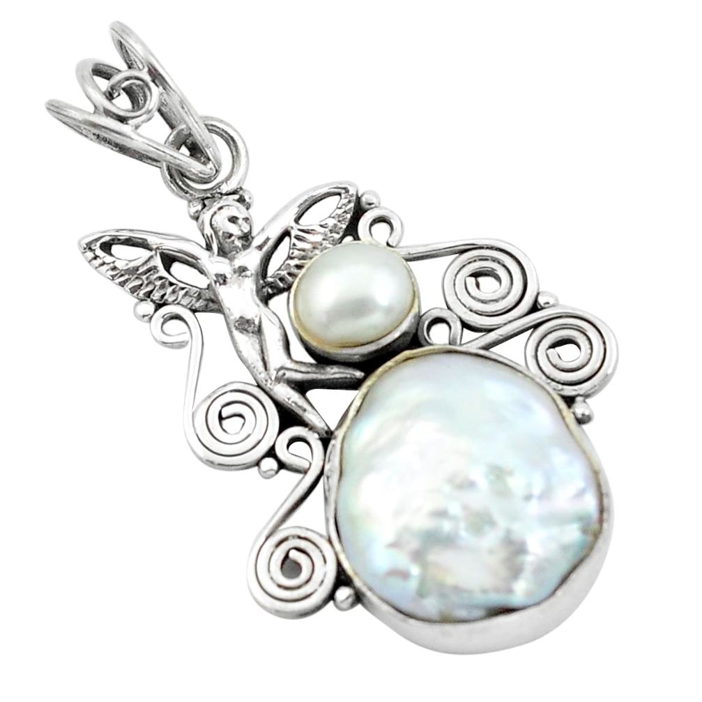 14.26cts natural white pearl 925 silver angel wings fairy pendant p58769