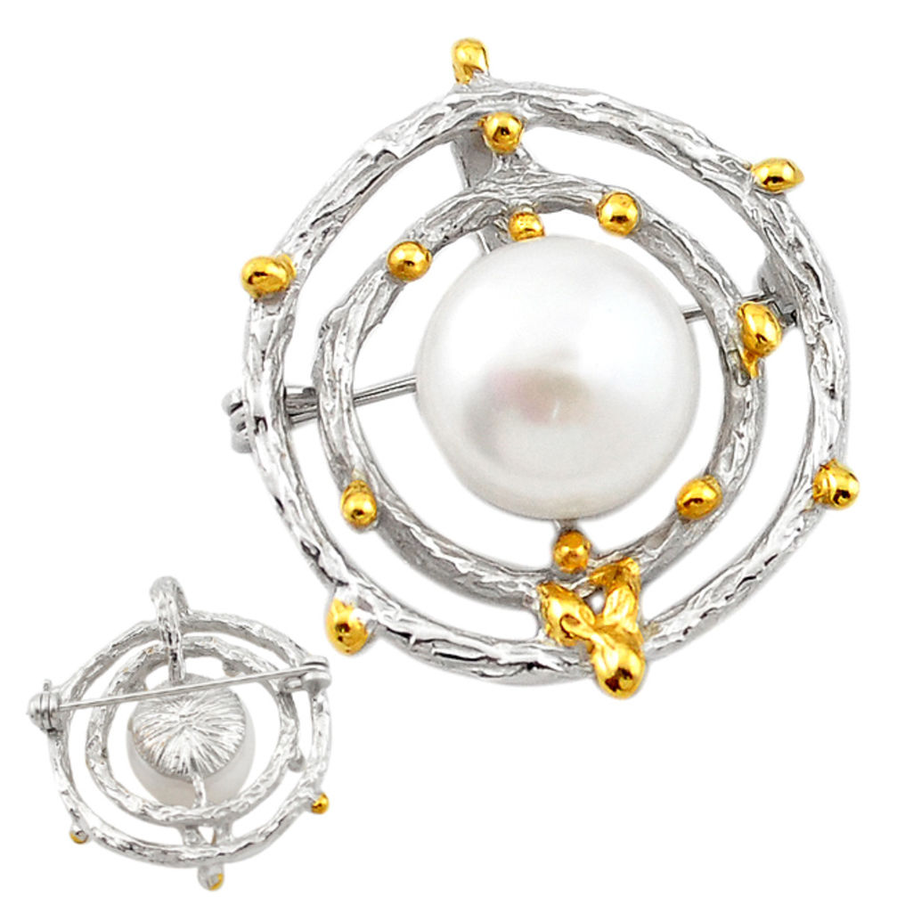 Natural white pearl 925 sterling silver 14k gold brooch pendant c23855