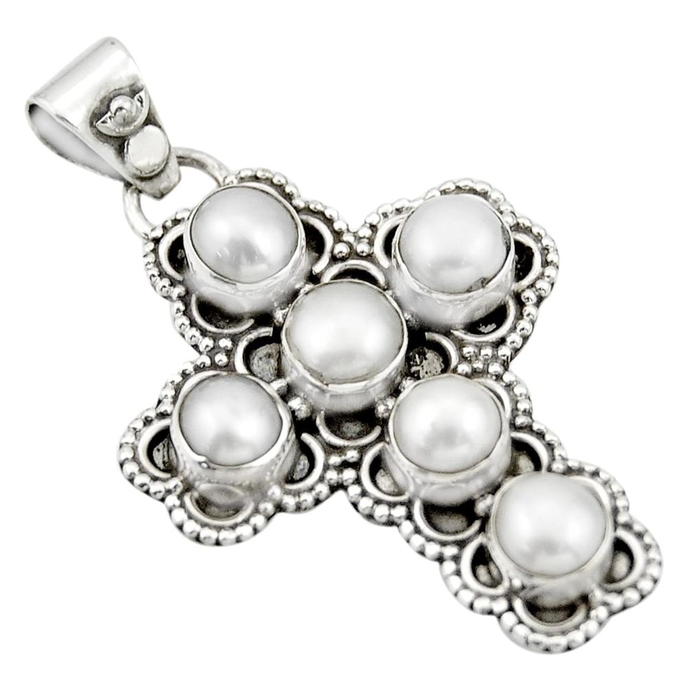 6.36cts natural white pearl 925 sterling silver holy cross pendant r20777