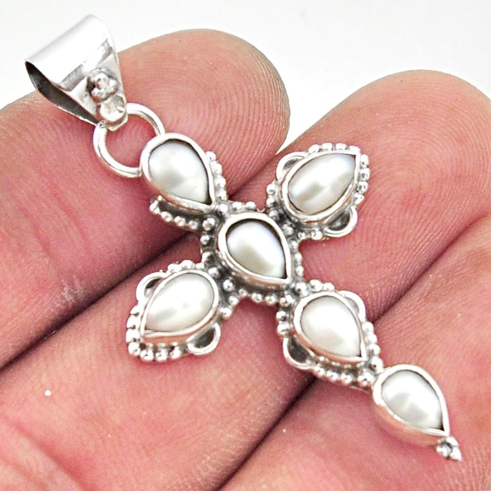 6.43cts natural white pearl 925 sterling silver holy cross pendant r35041